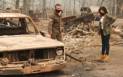 Kamala Harris meets with California Governor Gavin Newsom at the site of the Creek Fire in Auberry