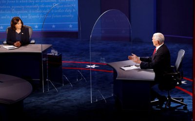 Democratic vice presidential nominee Senator Kamala Harris and U.S. Vice President Mike Pence participate in their 2020 vice presidential campaign debate in Salt Lake City