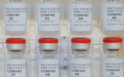 Vials of Johnson & Johnson's Janssen coronavirus disease (COVID-19) vaccine candidate are seen in an undated photograph
