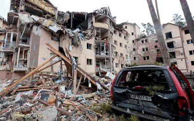 A view shows a residential building destroyed by recent shelling in Irpin