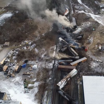 A drone footage shows the freight train derailment in East Palestine, Ohio