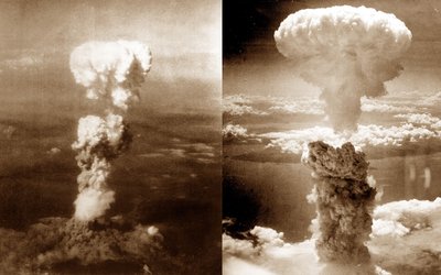 Atomic bomb mushroom clouds over Hiroshima (left) and Nagasaki