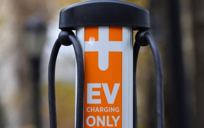 An electric vehicle charge station by ChargePoint, Inc. is seen outside New York City Hall in Manhattan, New York