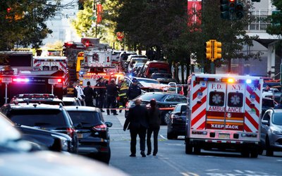 A Home Depot truck which struck down multiple people on a bike path killing several and injuring numerous others is seen in lower Manhattan in New York