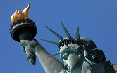 The Statue of Liberty is seen on Liberty Island in New York Harbor