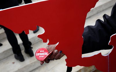 Demonstrators rally in front of the Supreme court before oral arguments on Benisek v. Lamone in Washington