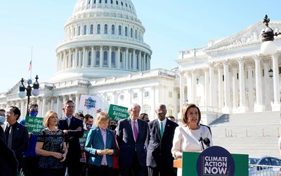 U.S. House Speaker Nancy Pelosi speaks about climate change outside the U.S. Capitol in Washington