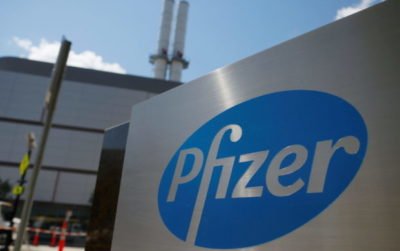 A sign marks the Pfizer facility in Cambridge