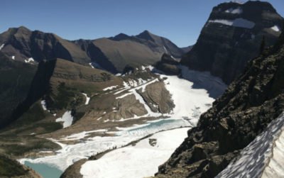 View from atop the Grinnell Glacier Overlook trail in Glacier National Park in Montana
