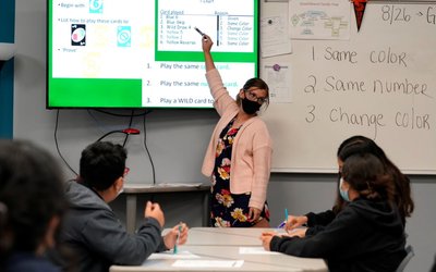 A teacher wears a mask inside Santa Fe South High School