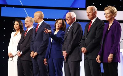 Democratic presidential candidates pose together at the start of the fourth U.S. Democratic presidential candidates 2020 election debate at Otterbein University in Westerville, Ohio U.S.