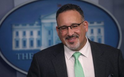 U.S. Secretary of Education Miguel Cardona takes part in a briefing at the White House in Washington