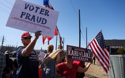Protest outside the Maricopa County Tabulation and Election Center as vote counting continues inside, in Phoenix, Arizona