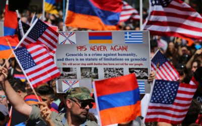 Protesters rally outside the Turkish Consulate in commemoration of the 102nd anniversary of the Armenian genocide in Los Angeles