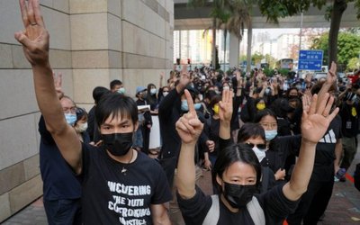 Protesters outside West Kowloon Magistrates' Courts in Hong Kong