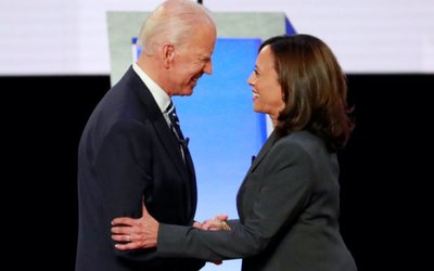 FILE PHOTO: Former Vice President  Biden and Senator Harris shake hands before the start of the second night of the second U.S. 2020 presidential Democratic candidates debate in Detroit