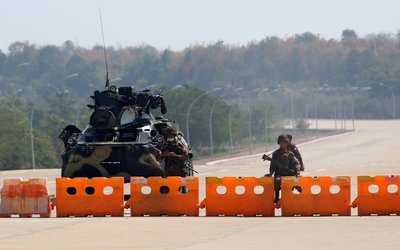 Myanmar's military checkpoint is seen on the way to the congress compound in Naypyitaw, Myanmar
