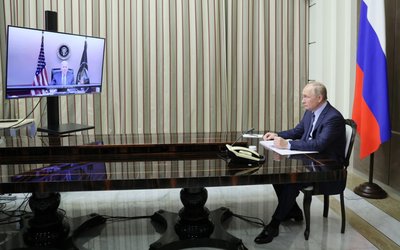 Russian President Vladimir Putin holds talks with U.S. President Joe Biden via a video link in Sochi