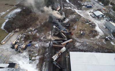 A drone footage shows the freight train derailment in East Palestine, Ohio