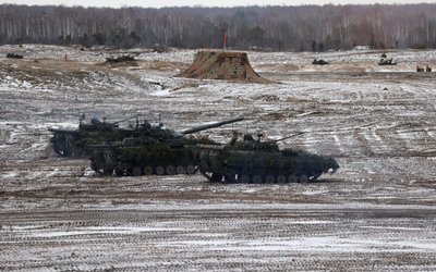 Military vehicles are seen during the joint exercises of the armed forces of Russia and Belarus in the Brest Region