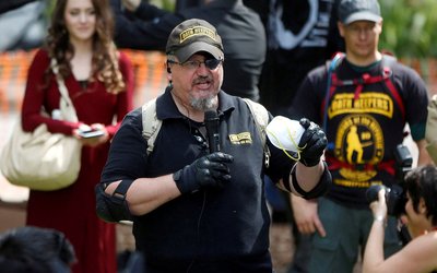 FILE PHOTO: Oath Keepers founder, Stewart Rhodes, speaks during the Patriots Day Free Speech Rally in Berkeley