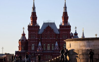 Members of Russia's National Guard patrol the Red Square in Moscow