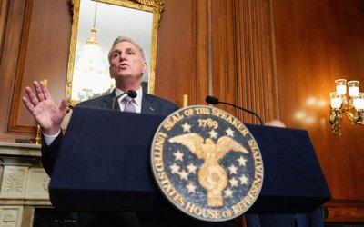 U.S. House Speaker Kevin McCarthy speaks to reporters in the U.S. Capitol after the House of Representatives passed a stopgap government funding bill to avert an immediate government shutdown, on Capitol Hill