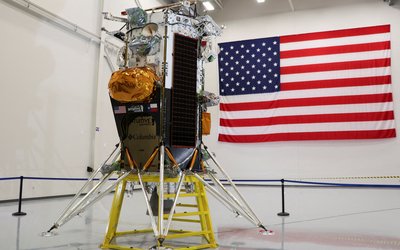 FILE PHOTO: The Nova-C lunar lander designed by aerospace company Intuitive Machines is displayed at the company's headquarters in Houston