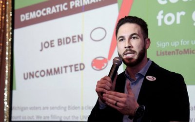 Dearborn Mayor Abdullah Hammoud speaks during an uncommitted vote election night gathering
