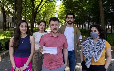 Maryam Alwan, Mahmoud Khalil, and Layla Saliba speak to members of media about the Revolt for Rafah encampment at Columbia University during the ongoing conflict between Israel and the Palestinian Islamist group Hamas, in New York City