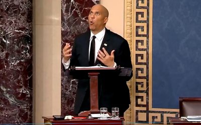 U.S. Senator Booker delivers speech protesting Trump administration policies from the floor of the U.S. Senate in Washington