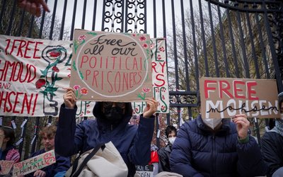 Students and others demonstrate during a protest outside the gates to Columbia University in New York