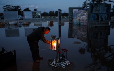 Lighting of the menorah on the third night of the Jewish holiday of Hanukkah at the site of the Nova festival, in Reim