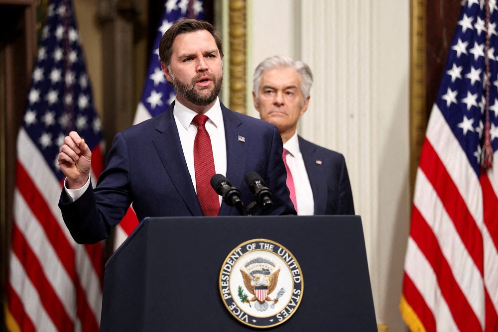 FILE PHOTO: U.S. Vice President JD Vance and Administrator for the Centers for Medicare & Medicaid Services Mehmet Oz speak about combating fraud, in Washington