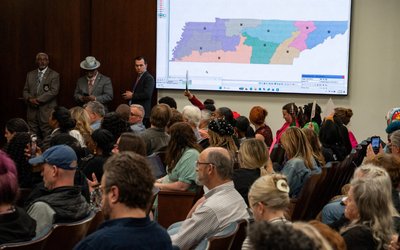 Demonstrators gather outside the Tennessee state capital building to protest edistricting
