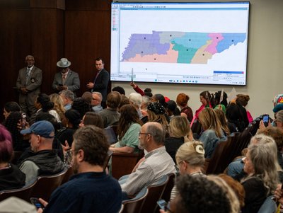 Demonstrators gather outside the Tennessee state capital building to protest edistricting