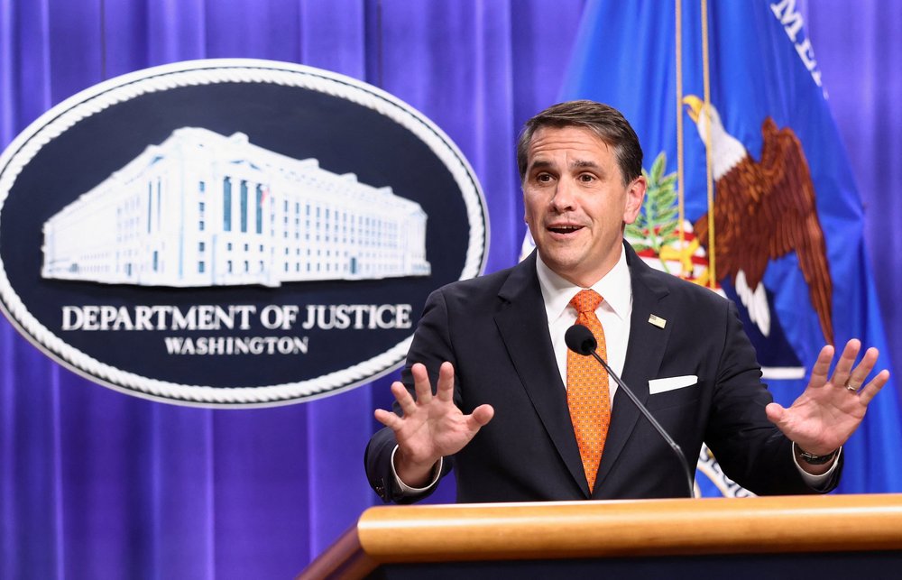 Acting U.S. Attorney General Todd Blanche and Assistant Attorney General for the Fraud Division Colin McDonald hold a press conference in Washington