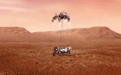 Undated illustration handout of Perseverance rover being lowered to Martian surface by jet-powered "sky crane" descent vehicle
