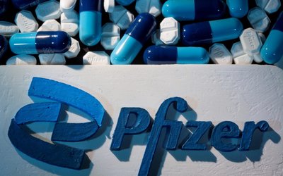 FILE PHOTO: A 3D printed Pfizer logo is placed near medicines from the same manufacturer in this illustration